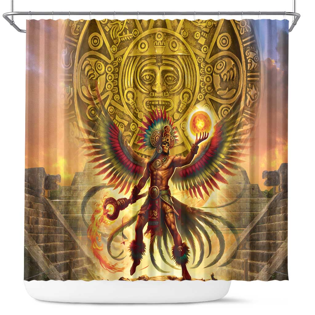 Gold-toned shower curtain with central sun god figure and radiant winged design