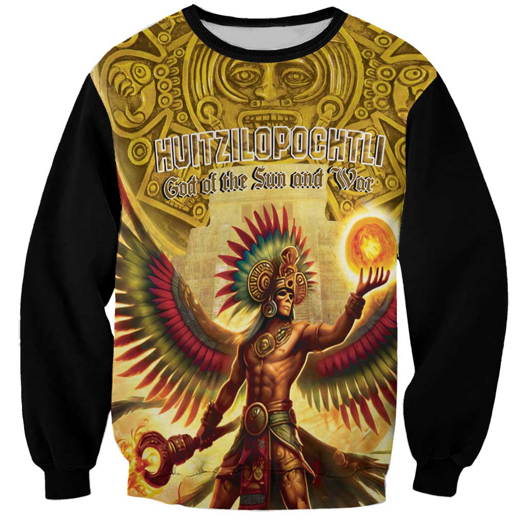 Unisex crewneck sweatshirt with black sleeves and gold Aztec warrior graphic front