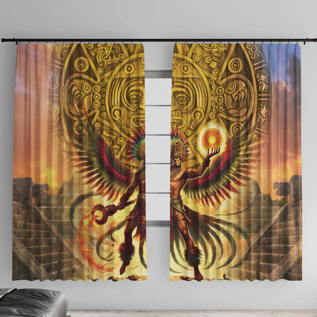 Aztec sun god window curtain set with golden deity and winged rays on two panels