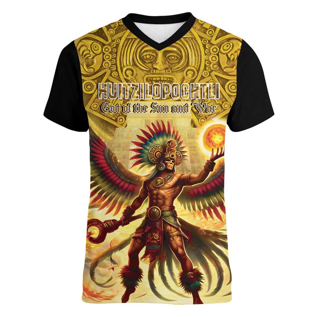 Mexico Panquetzaliztli Women V-Neck T-Shirt Huitzilopochtli - Aztec God of Sun and War