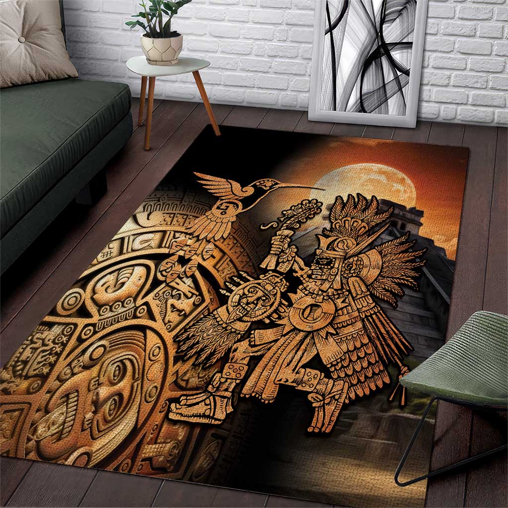 Aztec area rug with black base, golden hummingbird and sun graphic, ornate border
