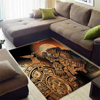 Aztec area rug with large hummingbird figure and sunburst, gold details on black