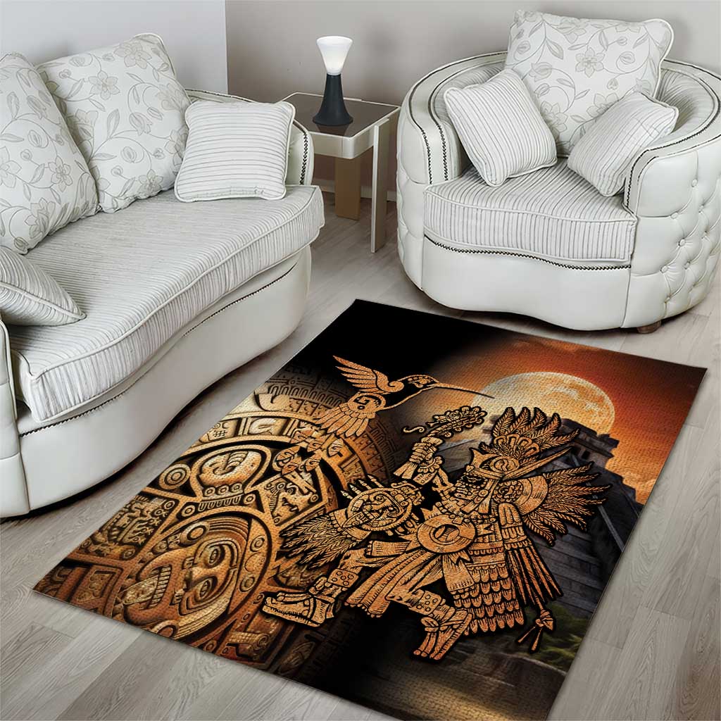 Aztec area rug with golden warrior bird and sun circle, dark geometric pattern