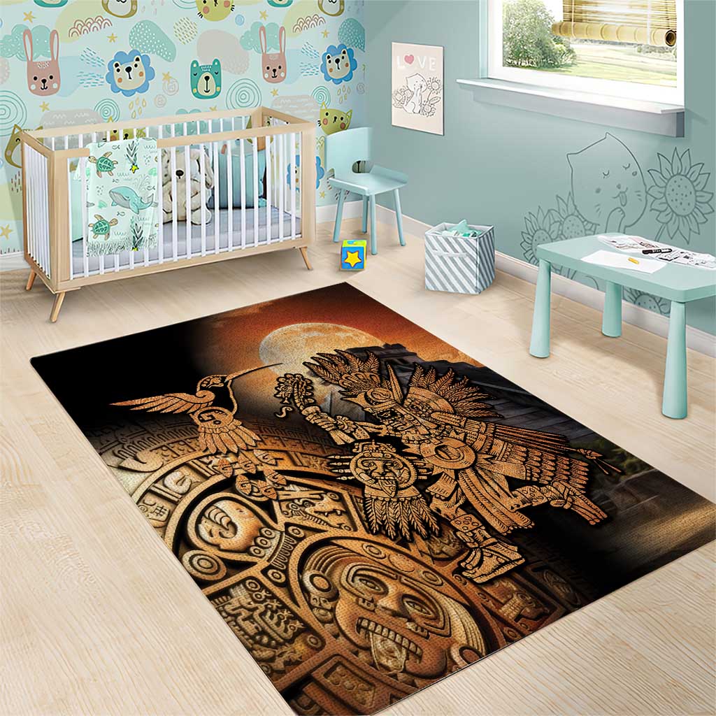 Aztec area rug with hummingbird and sun graphic, gold ornamental designs on black