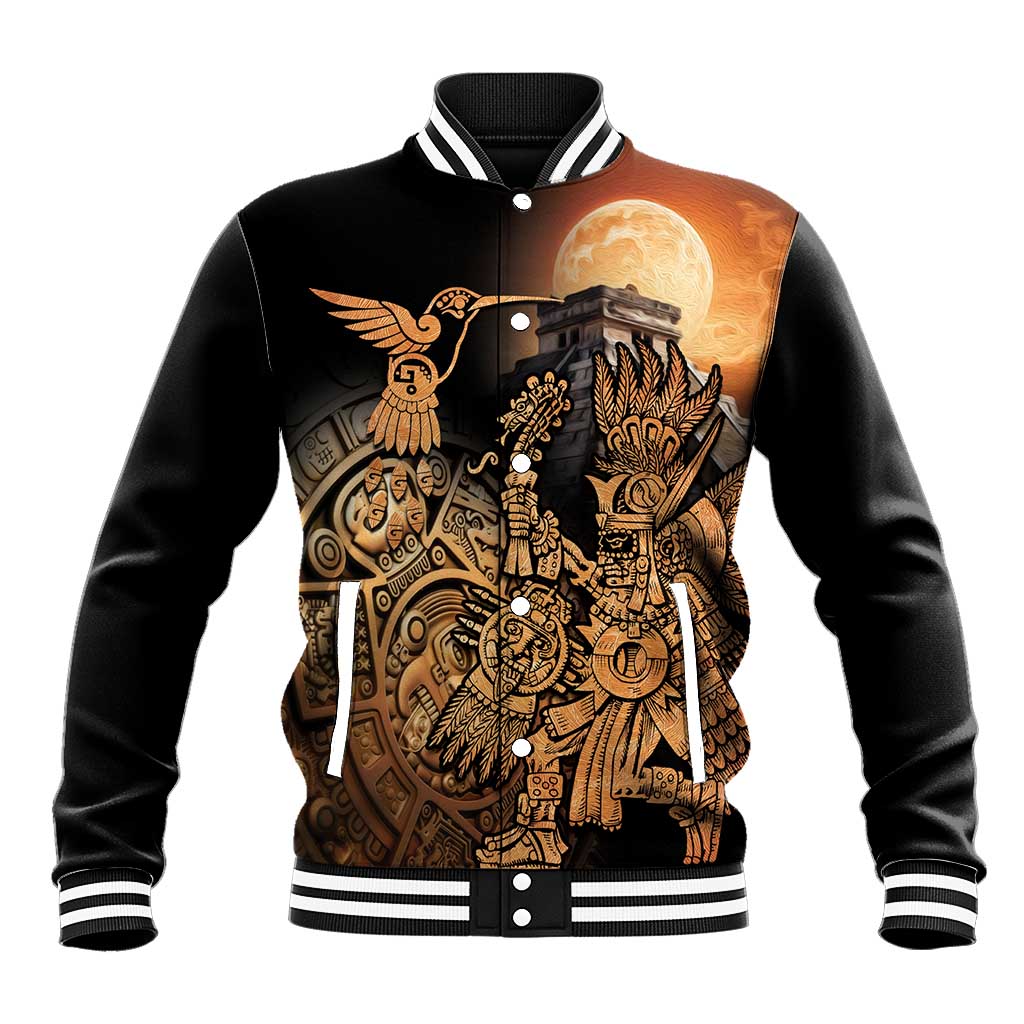 Black baseball jacket with Aztec warrior art, hummingbird graphic, striped ribbed collar and cuffs