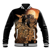 Black baseball jacket with Aztec warrior art, hummingbird graphic, striped ribbed collar and cuffs