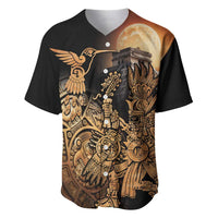Black baseball jersey with Aztec hummingbird and warrior front graphic