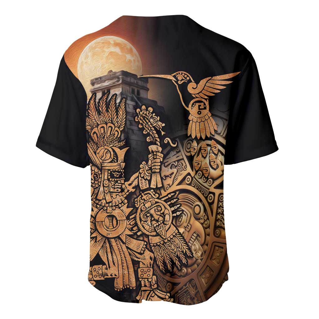Black baseball jersey with Aztec hummingbird and warrior back graphic