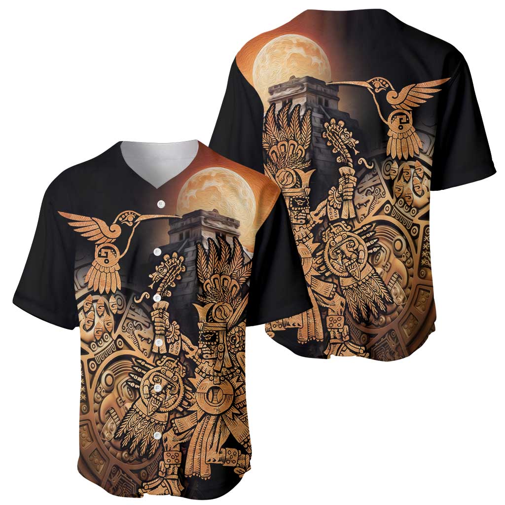 Two black baseball jerseys showing front and back Aztec hummingbird graphics
