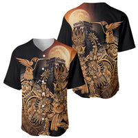 Two black baseball jerseys showing front and back Aztec hummingbird graphics