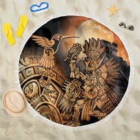 Round beach blanket with fringe, black and gold Aztec hummingbird warrior design