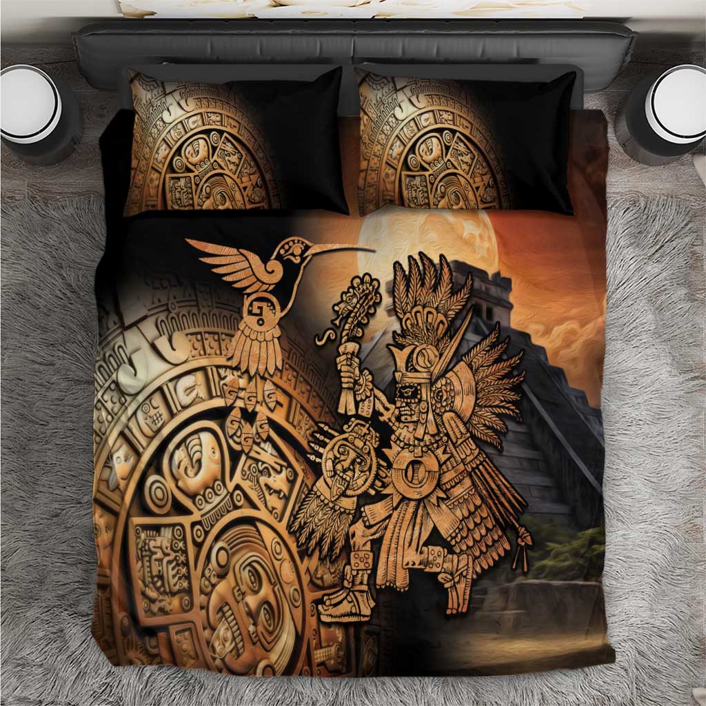 Black bedding set with Aztec warrior and hummingbird graphic, gold and beige artwork