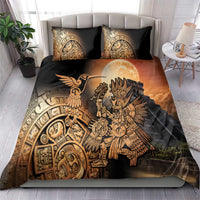 Black duvet and pillow set featuring Aztec warrior and hummingbird, gold and beige design