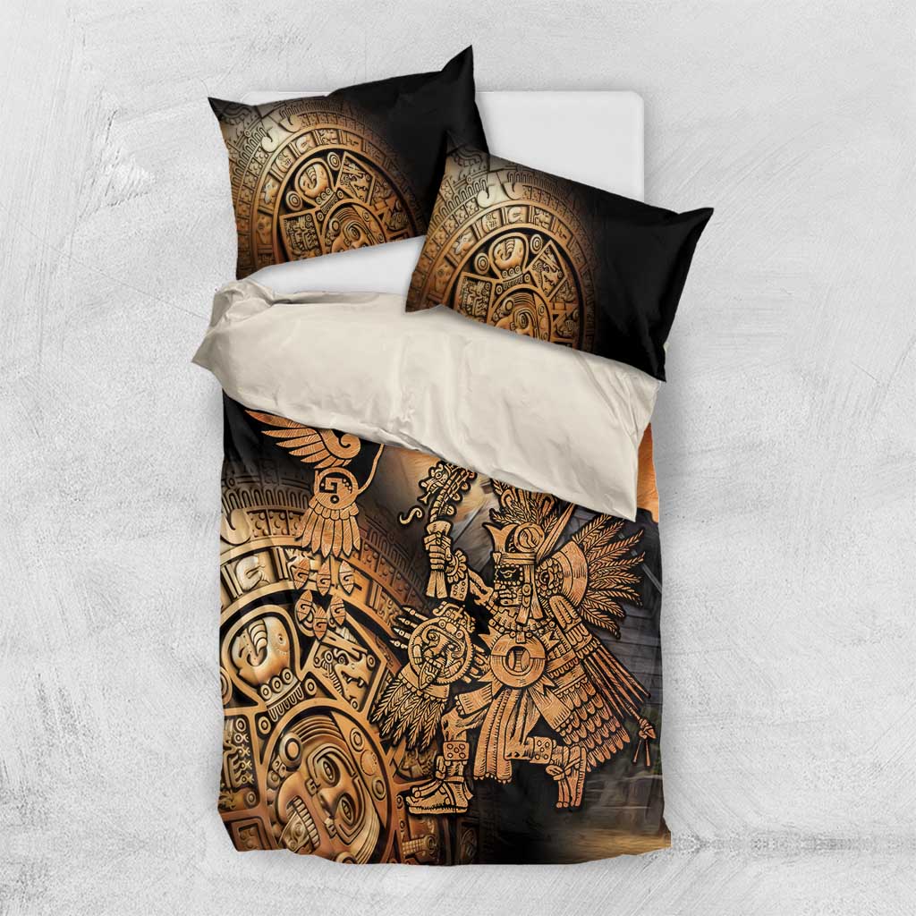 Black and gold Aztec warrior duvet with hummingbird accents and two coordinating pillowcases