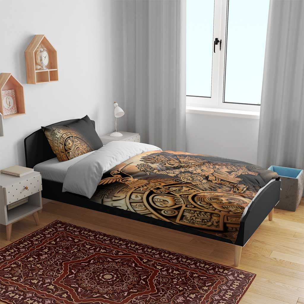Black duvet cover with Aztec warrior and hummingbird print in gold and tan tones