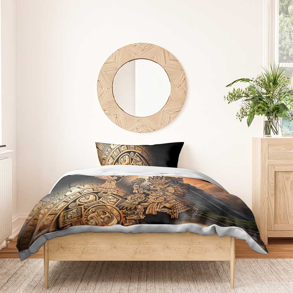 Black bedding set with Aztec warrior and hummingbird artwork, gold and beige accents