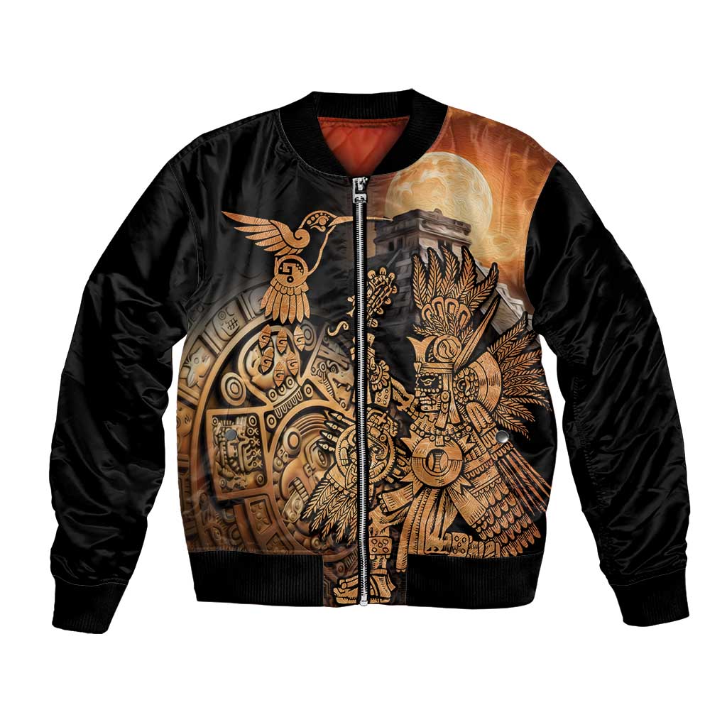 Black unisex bomber jacket, front zipper, Aztec hummingbird graphic