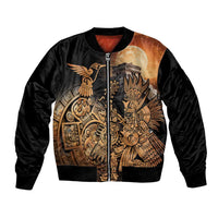 Black unisex bomber jacket, front zipper, Aztec hummingbird graphic
