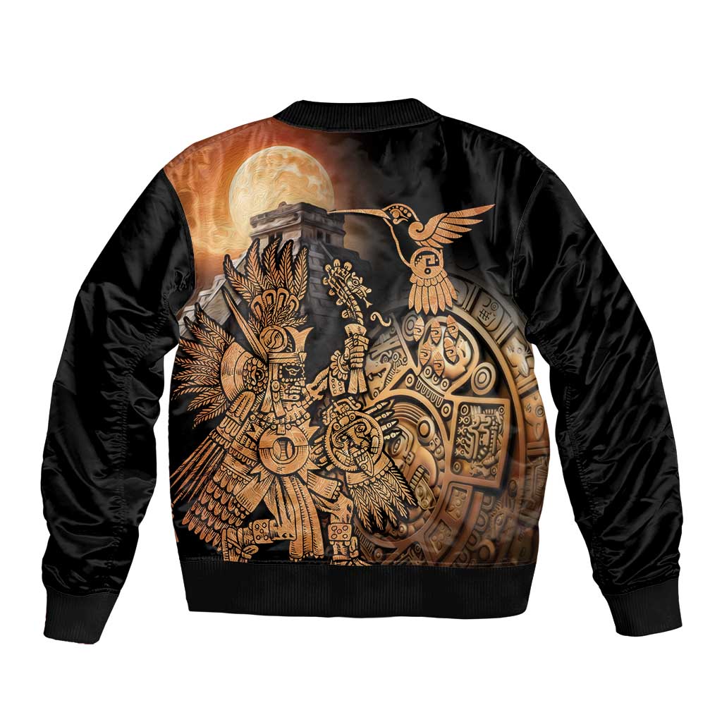 Black unisex bomber jacket, back design with Aztec hummingbird and moon