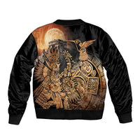 Black unisex bomber jacket, back design with Aztec hummingbird and moon