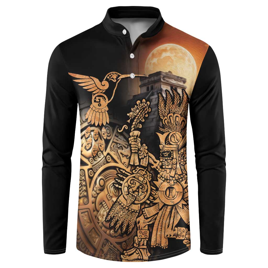 Black button henley sweatshirt with Aztec-style hummingbird, moon, and warrior graphic