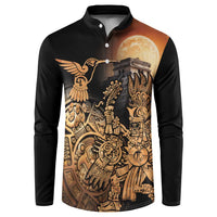 Black button henley sweatshirt with Aztec-style hummingbird, moon, and warrior graphic