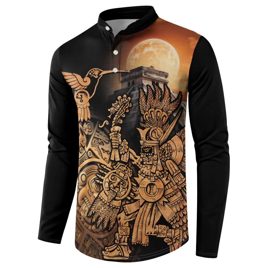 Black button henley sweatshirt featuring large Aztec warrior and bird with moon