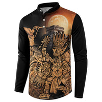 Black button henley sweatshirt featuring large Aztec warrior and bird with moon