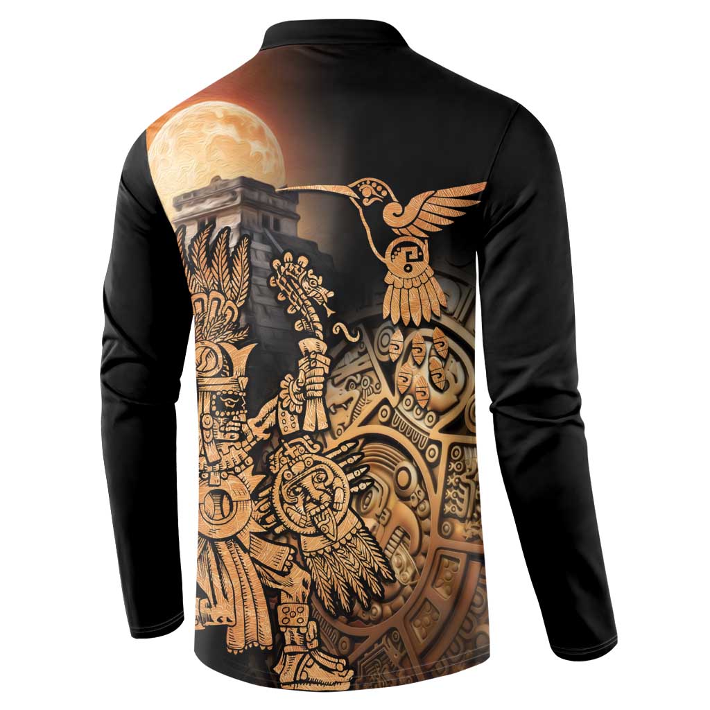 Black button henley sweatshirt back print with moon, golden figures, and winged bird