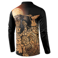 Black button henley sweatshirt back print with moon, golden figures, and winged bird