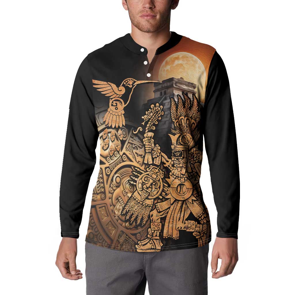 Black button henley sweatshirt with front Aztec-style warrior and sunlit moon graphic