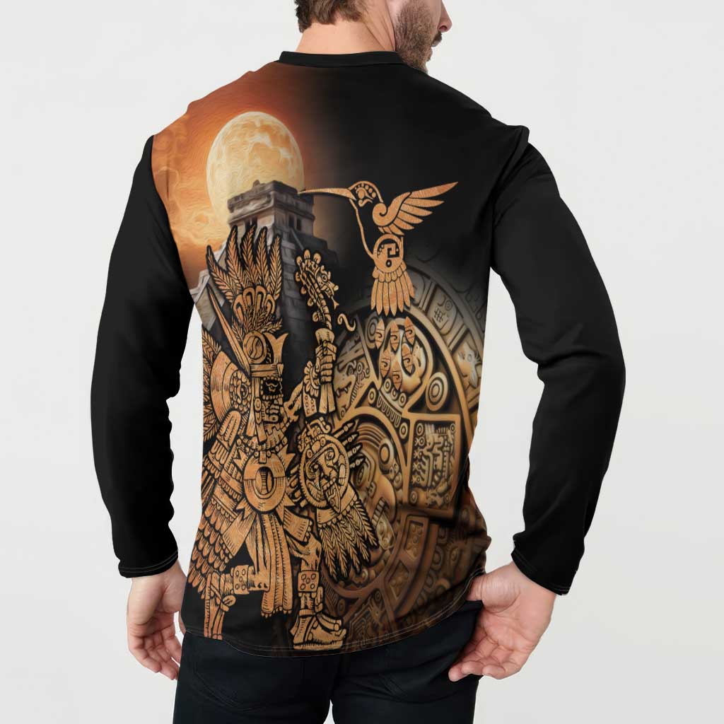Black button henley sweatshirt back graphic with moon, winged bird, and ornate warriors