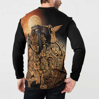 Black button henley sweatshirt back graphic with moon, winged bird, and ornate warriors
