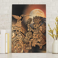 Framed canvas wall art of Aztec hummingbird and warrior with moon in black frame