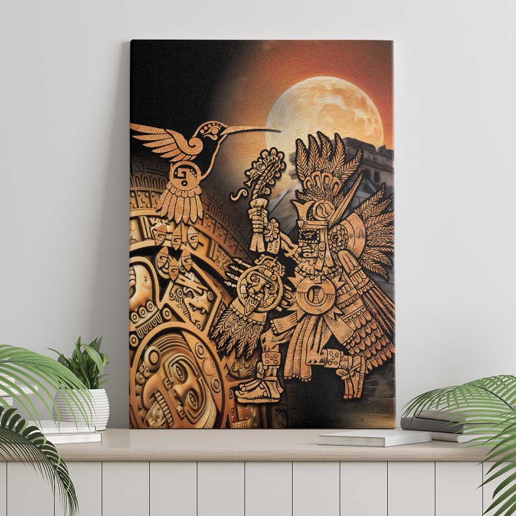 Framed canvas wall art featuring Aztec hummingbird, warrior figures, and moon