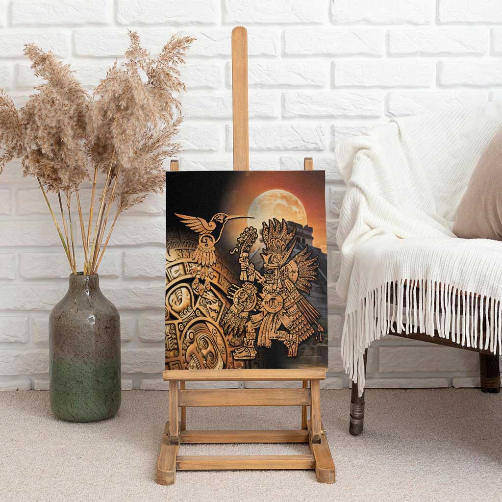 Framed canvas wall art on easel with Aztec warrior, hummingbird, and moon