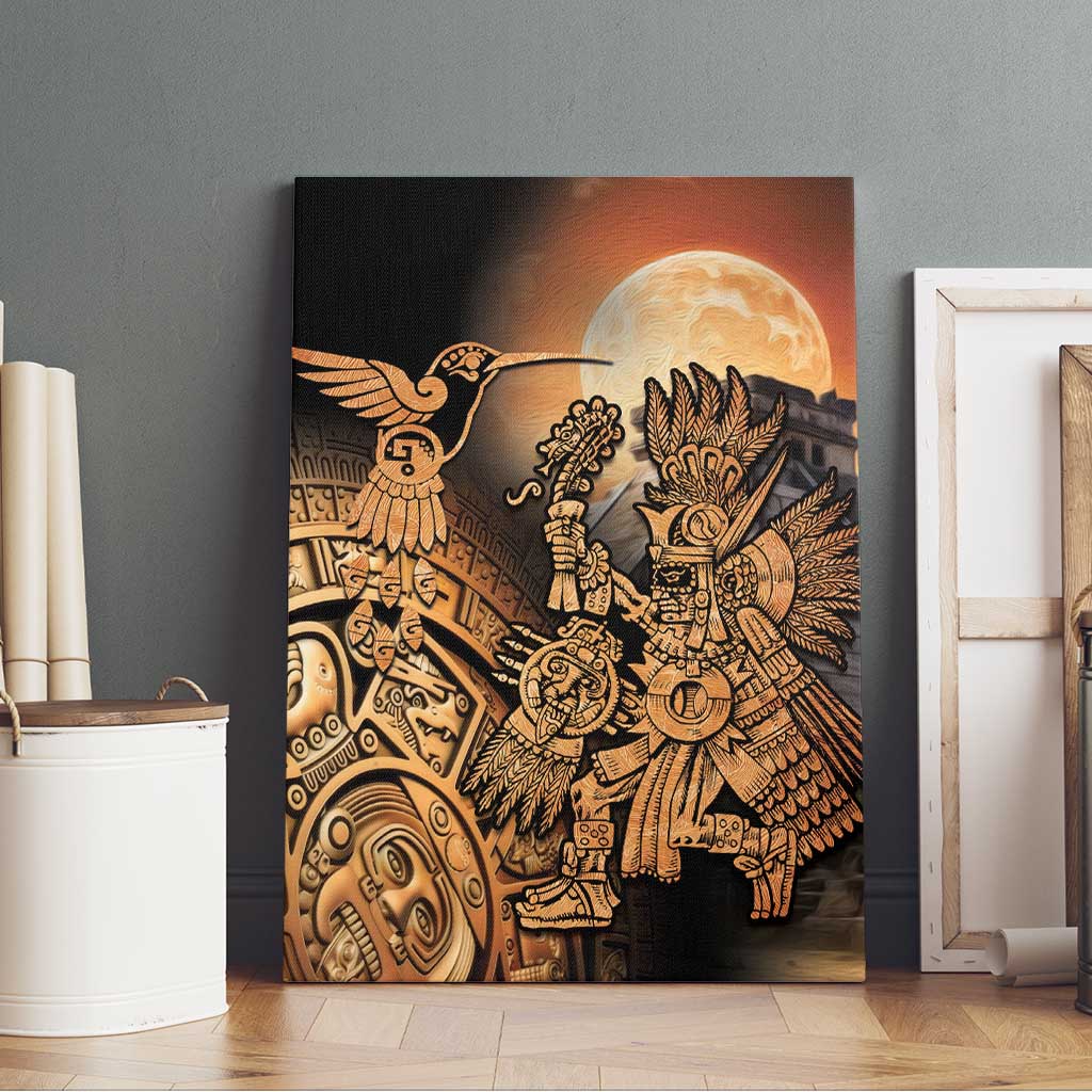 Framed canvas wall art with Aztec warrior, hummingbird, and large moon in black border