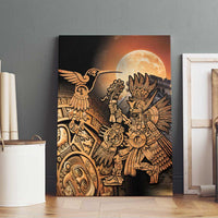 Framed canvas wall art with Aztec warrior, hummingbird, and large moon in black border