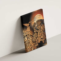 Framed canvas wall art angled view of Aztec hummingbird, warrior, and moon