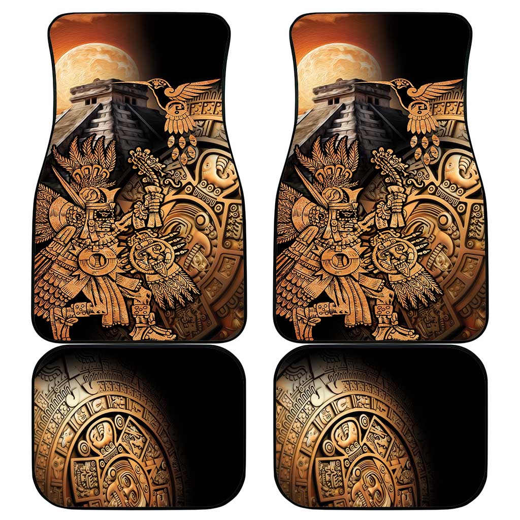 Black car floor mat set of four with gold Aztec warrior and hummingbird artwork