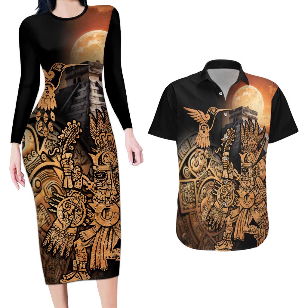 Mexico Warrior Couples Matching Long Sleeve Bodycon Dress and Hawaiian Shirt Huitzilopochtli With Aztec Hummingbird