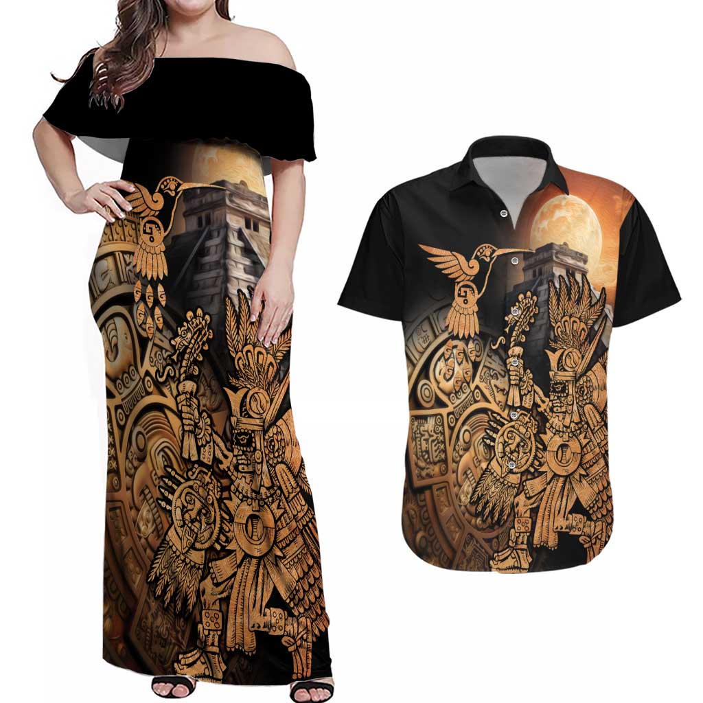 Mexico Warrior Couples Matching Off Shoulder Maxi Dress and Hawaiian Shirt Huitzilopochtli With Aztec Hummingbird