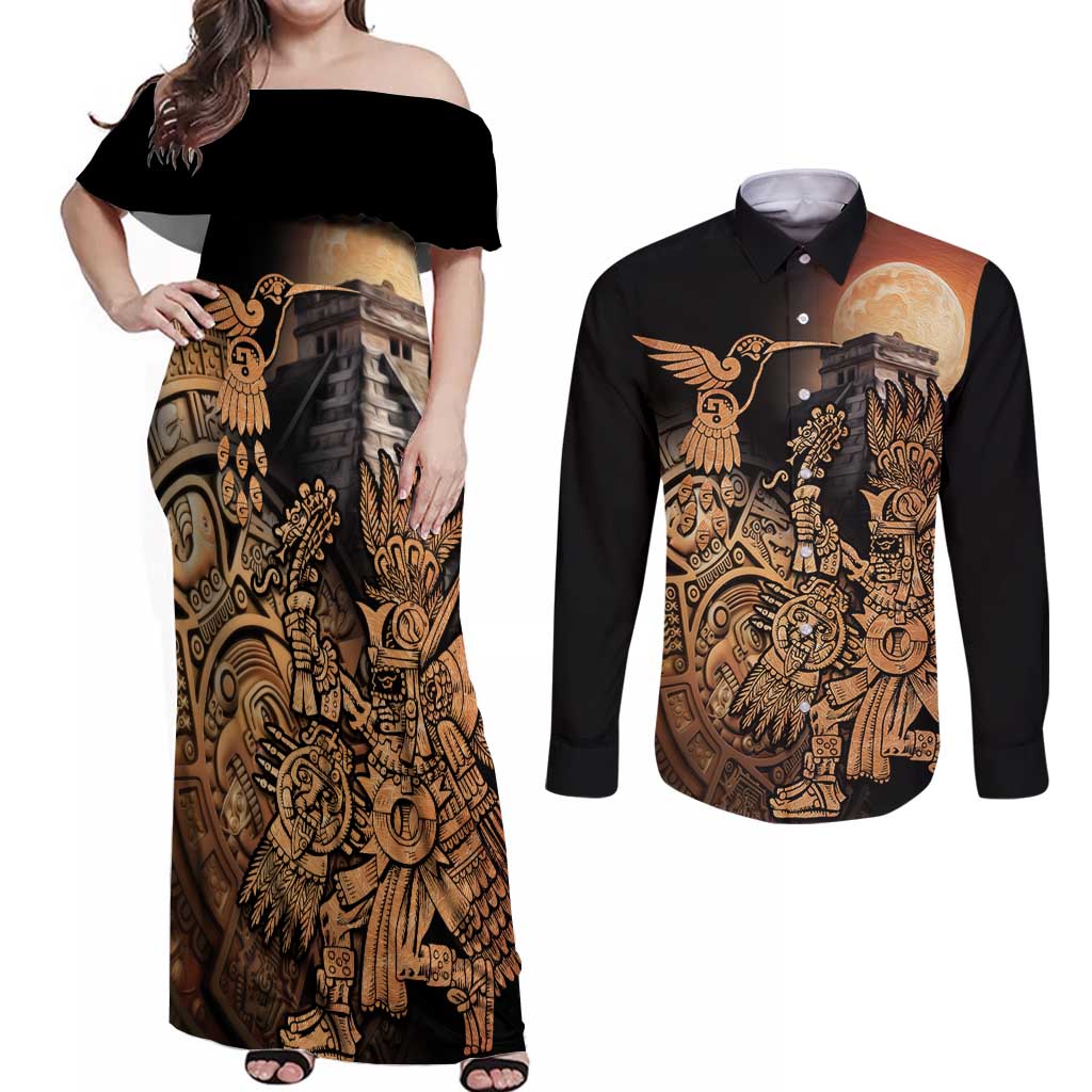 Mexico Warrior Couples Matching Off Shoulder Maxi Dress and Long Sleeve Button Shirt Huitzilopochtli With Aztec Hummingbird