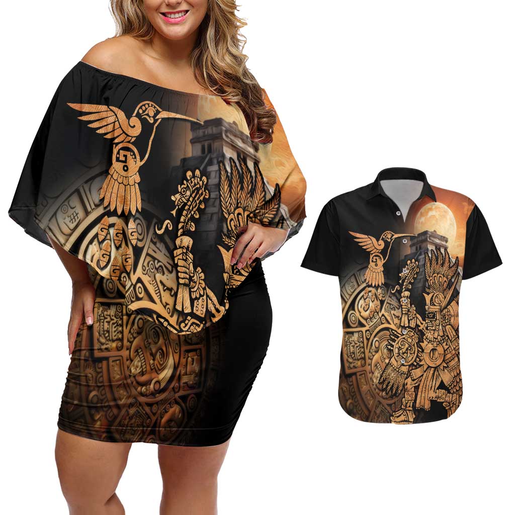 Mexico Warrior Couples Matching Off Shoulder Short Dress and Hawaiian Shirt Huitzilopochtli With Aztec Hummingbird