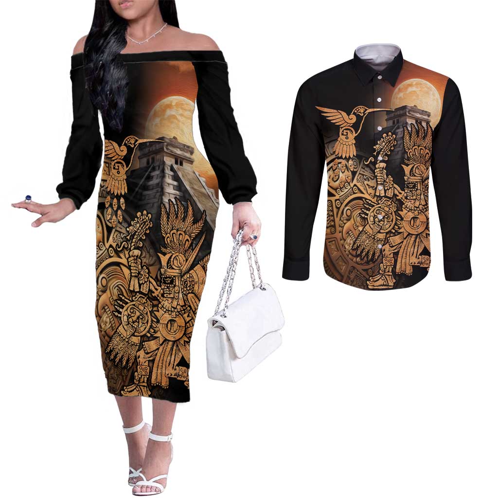 Mexico Warrior Couples Matching Off The Shoulder Long Sleeve Dress and Long Sleeve Button Shirt Huitzilopochtli With Aztec Hummingbird