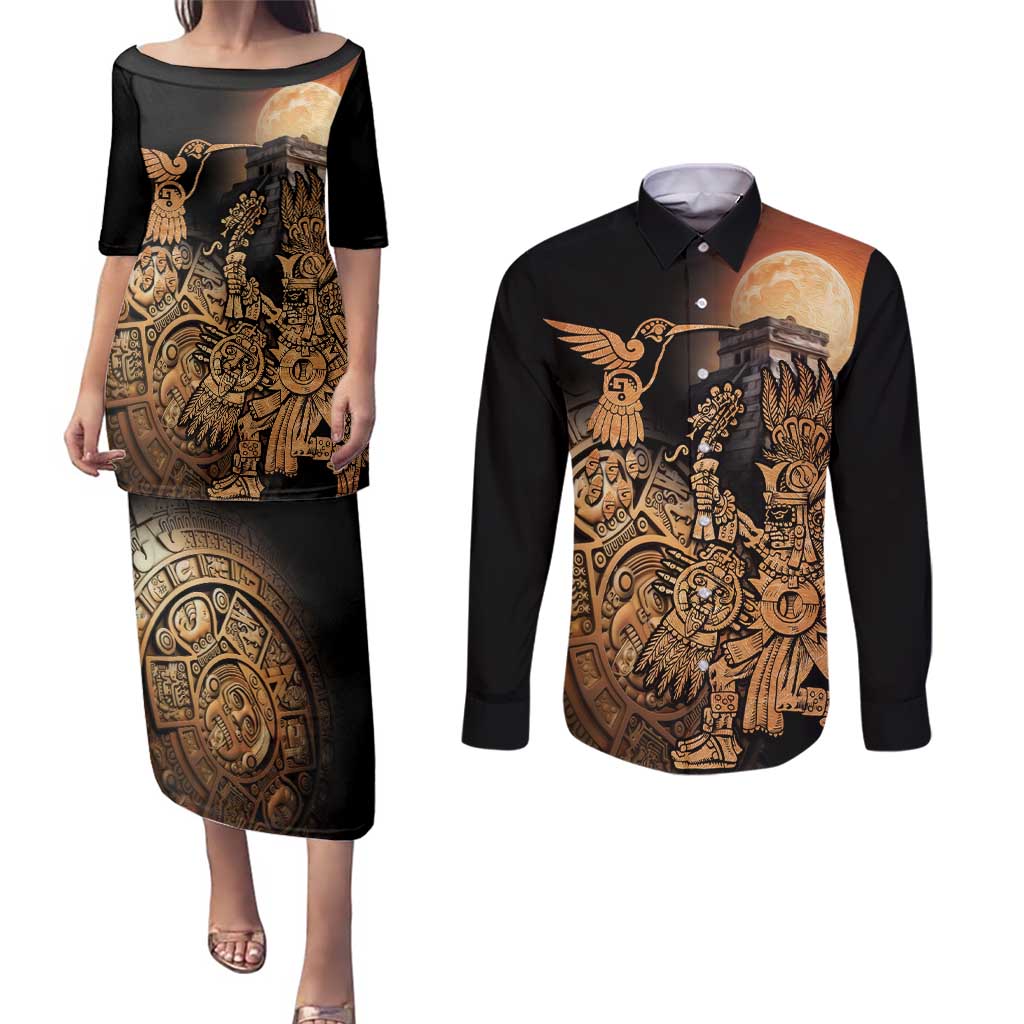 Mexico Warrior Couples Matching Puletasi and Long Sleeve Button Shirt Huitzilopochtli With Aztec Hummingbird