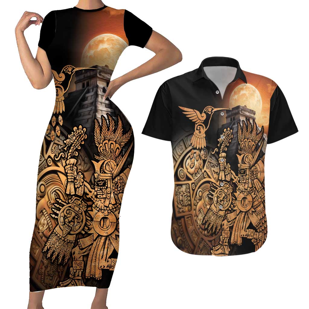 Mexico Warrior Couples Matching Short Sleeve Bodycon Dress and Hawaiian Shirt Huitzilopochtli With Aztec Hummingbird