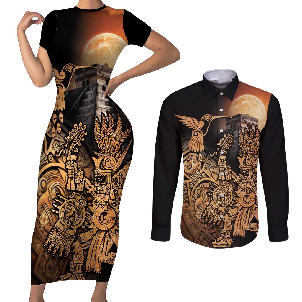 Mexico Warrior Couples Matching Short Sleeve Bodycon Dress and Long Sleeve Button Shirt Huitzilopochtli With Aztec Hummingbird