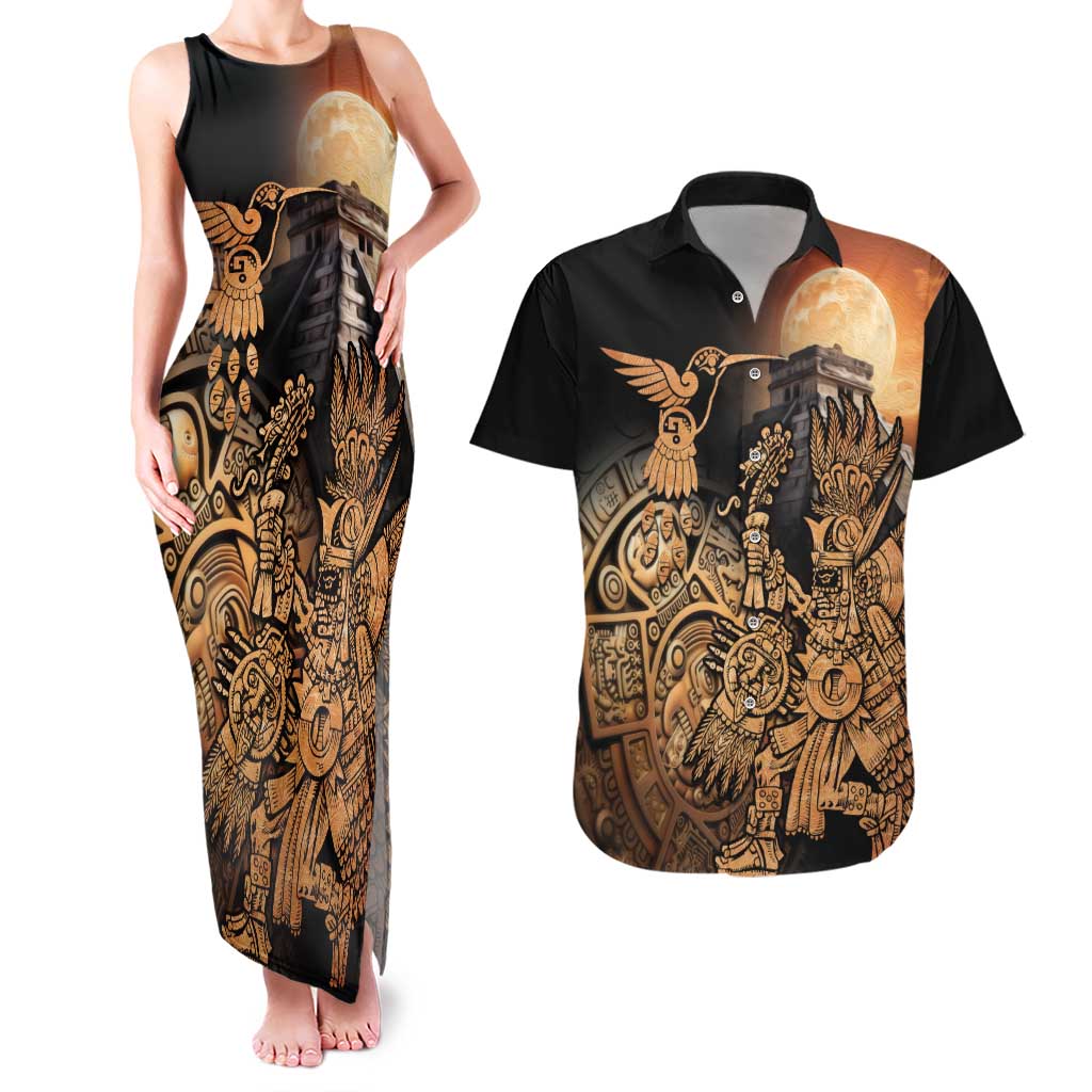 Mexico Warrior Couples Matching Tank Maxi Dress and Hawaiian Shirt Huitzilopochtli With Aztec Hummingbird