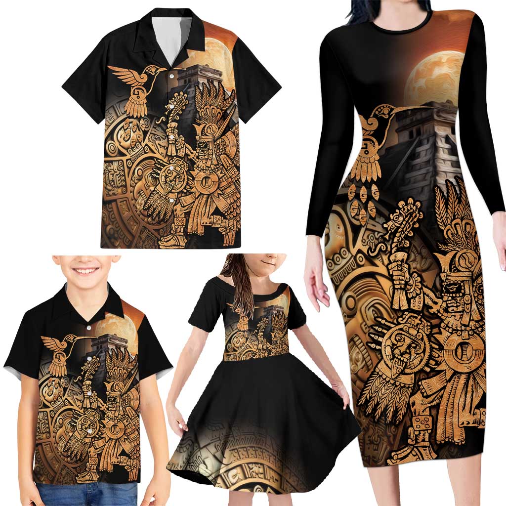 Mexico Warrior Family Matching Long Sleeve Bodycon Dress and Hawaiian Shirt Huitzilopochtli With Aztec Hummingbird